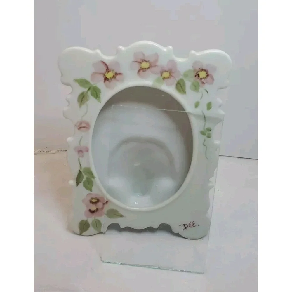 Vintage Porcelain Photo Frame Oval Center Hand‎ Painted Flowers Signed By 