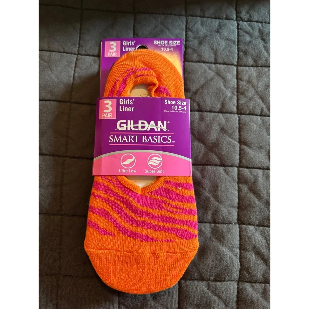 Gildan Smart Basics Girls Liner Socks 3 Pair Pack Shoe Size 10.5-4 Zebra Orange