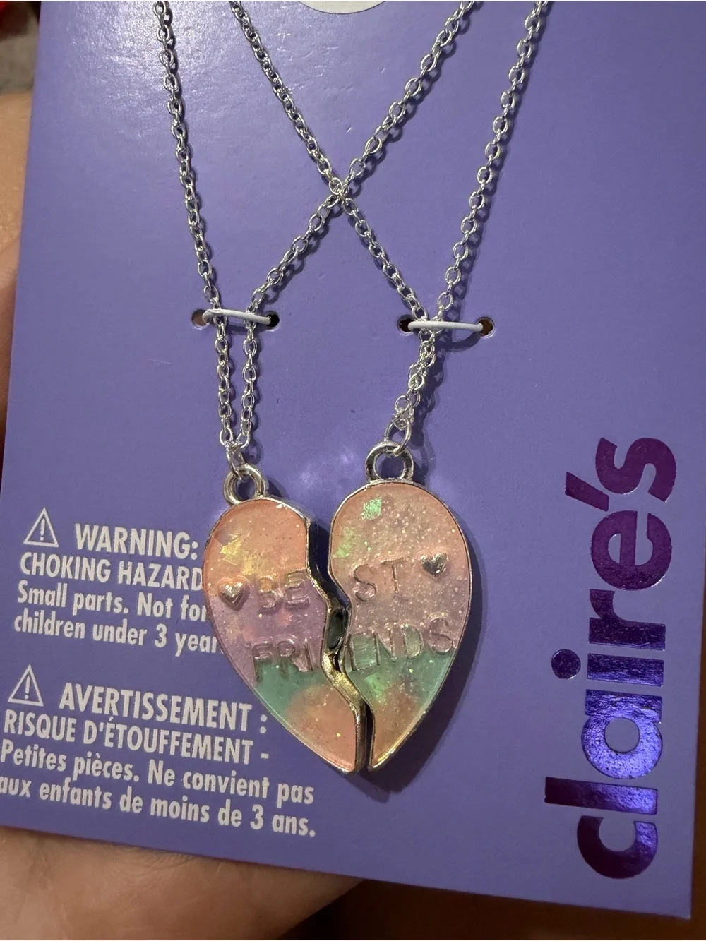 NWT-Claire's Glow in the dark BFF Iridescent Split Heart Necklace - Pastel