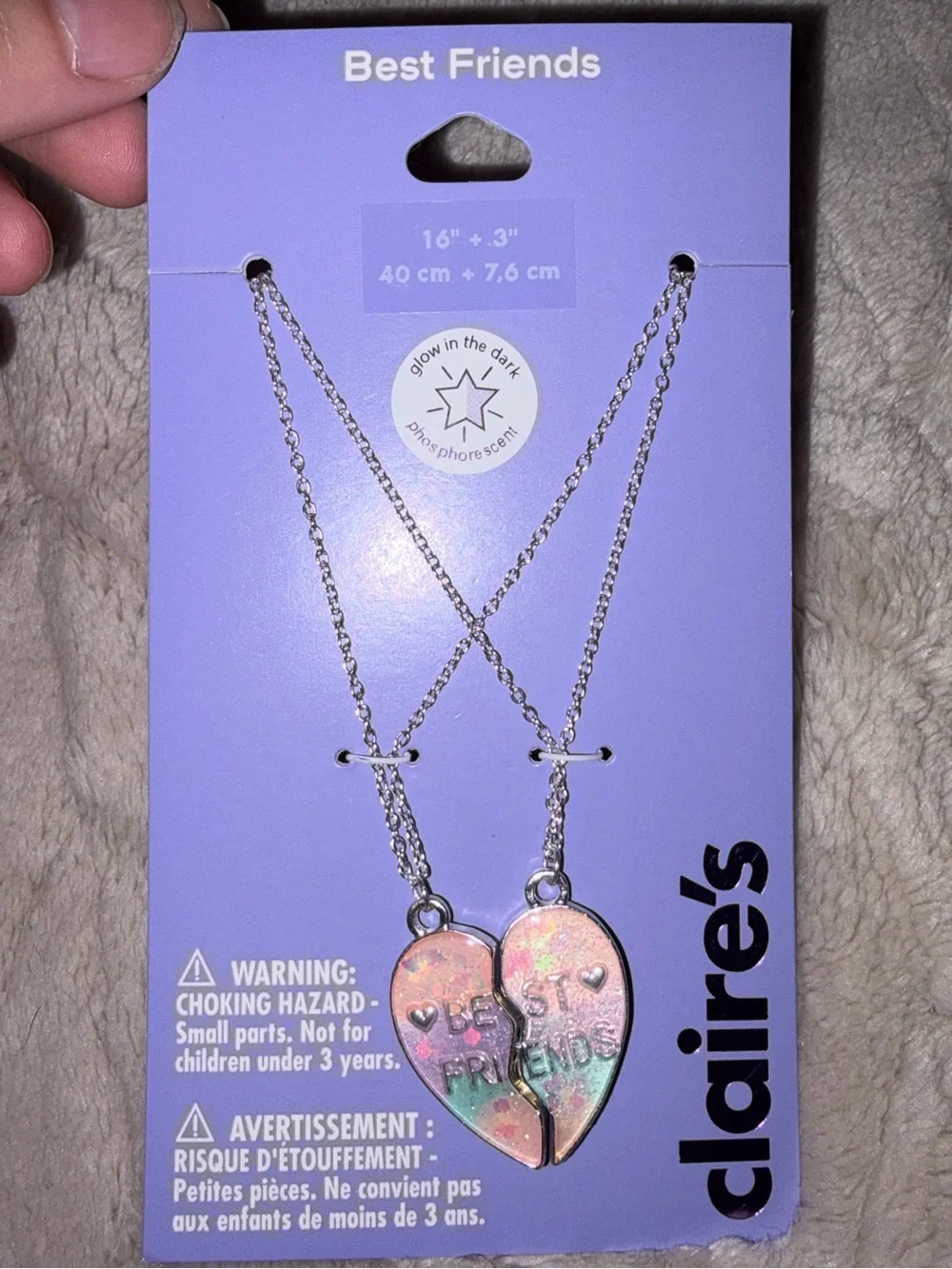 NWT-Claire's Glow in the dark BFF Iridescent Split Heart Necklace - Pastel