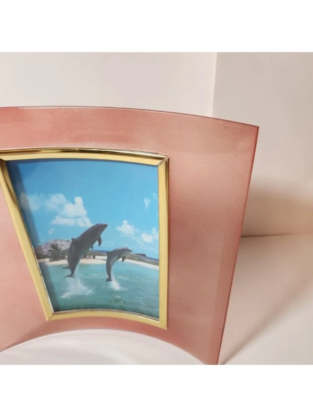 Vintage Curved Glass Picture Frame 4x6 Frosted‎ Peach Pink Gold Trim Modern Art