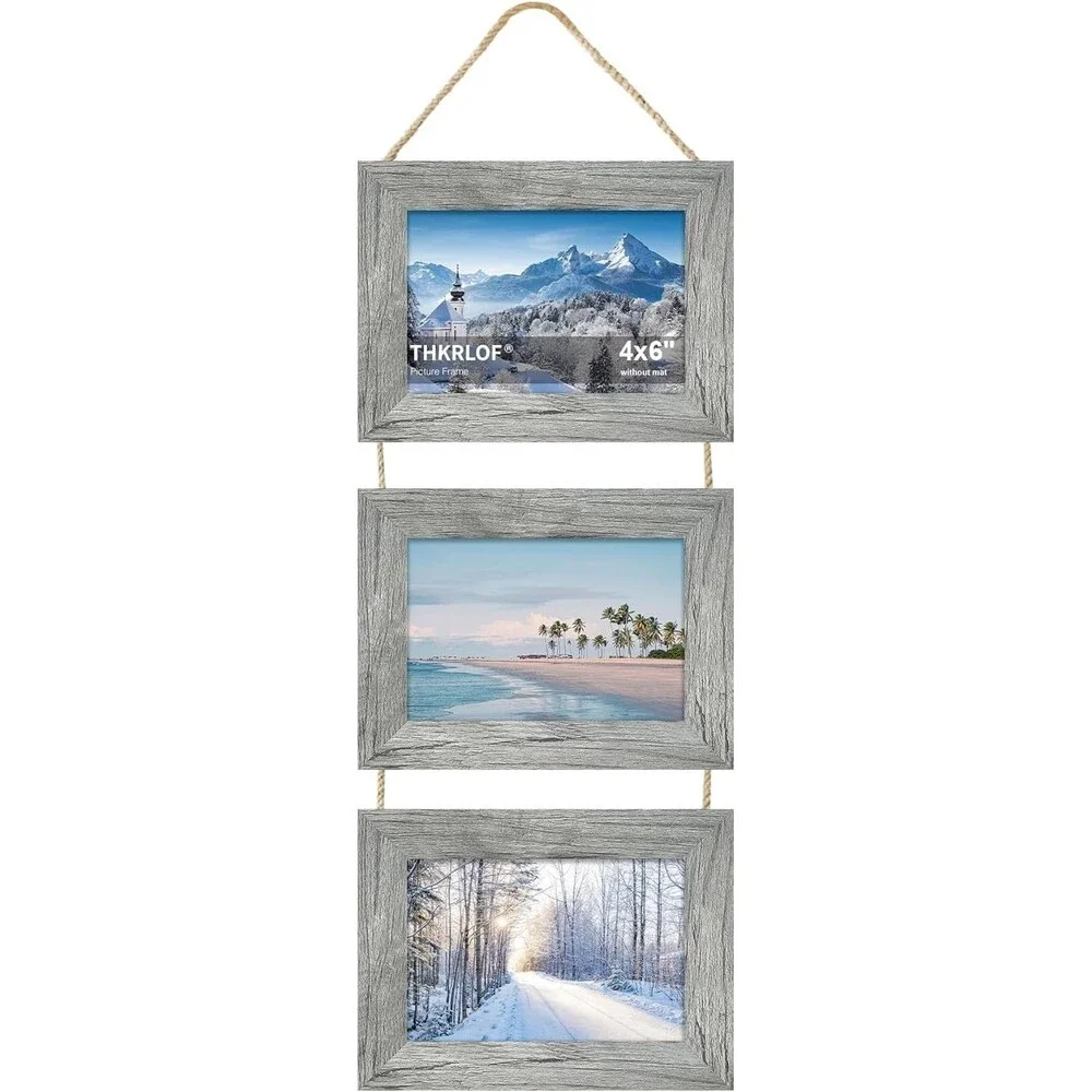 4x6 Collage Picture Frame 3 Opening Gray Wood Real Glass Horizontal Wall Decor