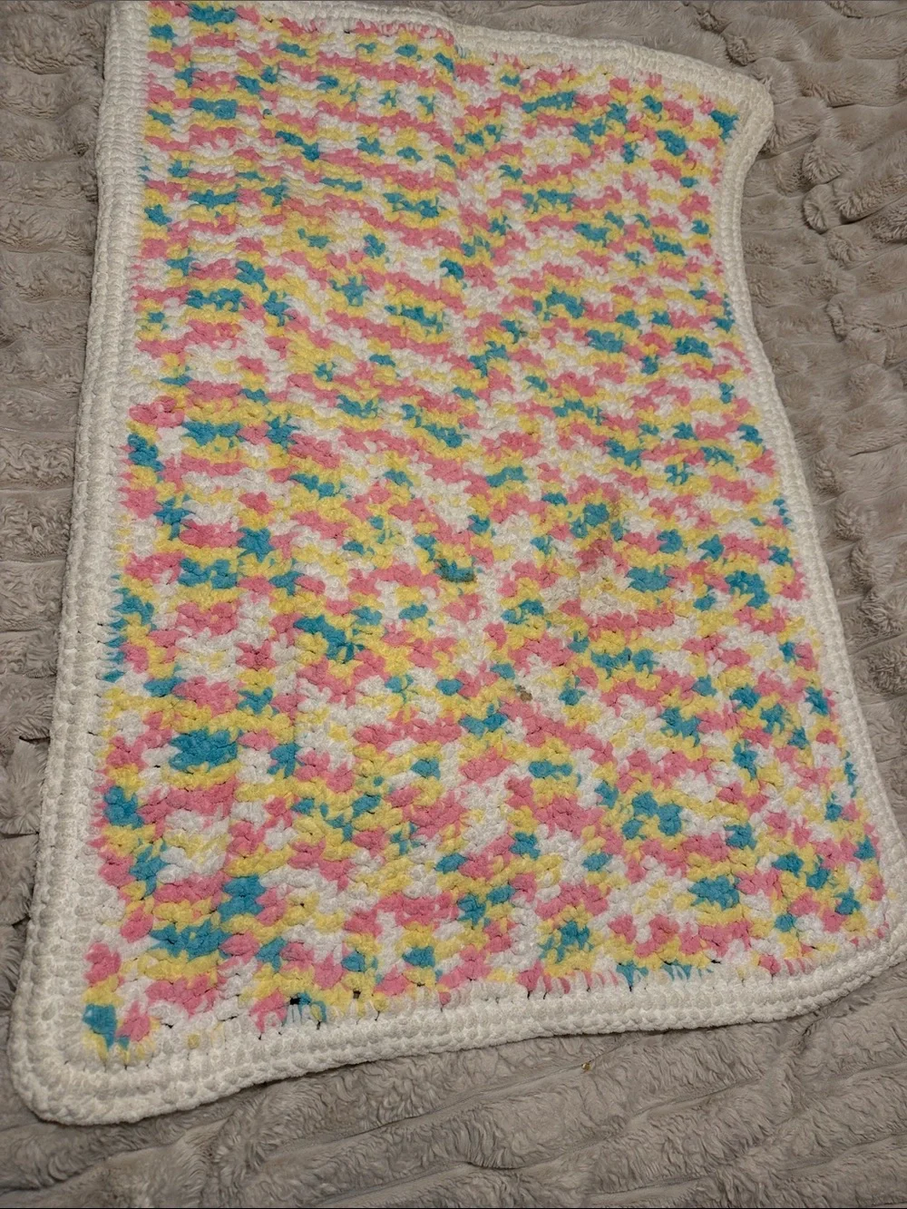 Handmade Soft White Baby Comforter with Pastel Pink, Yellow & Blue Accents