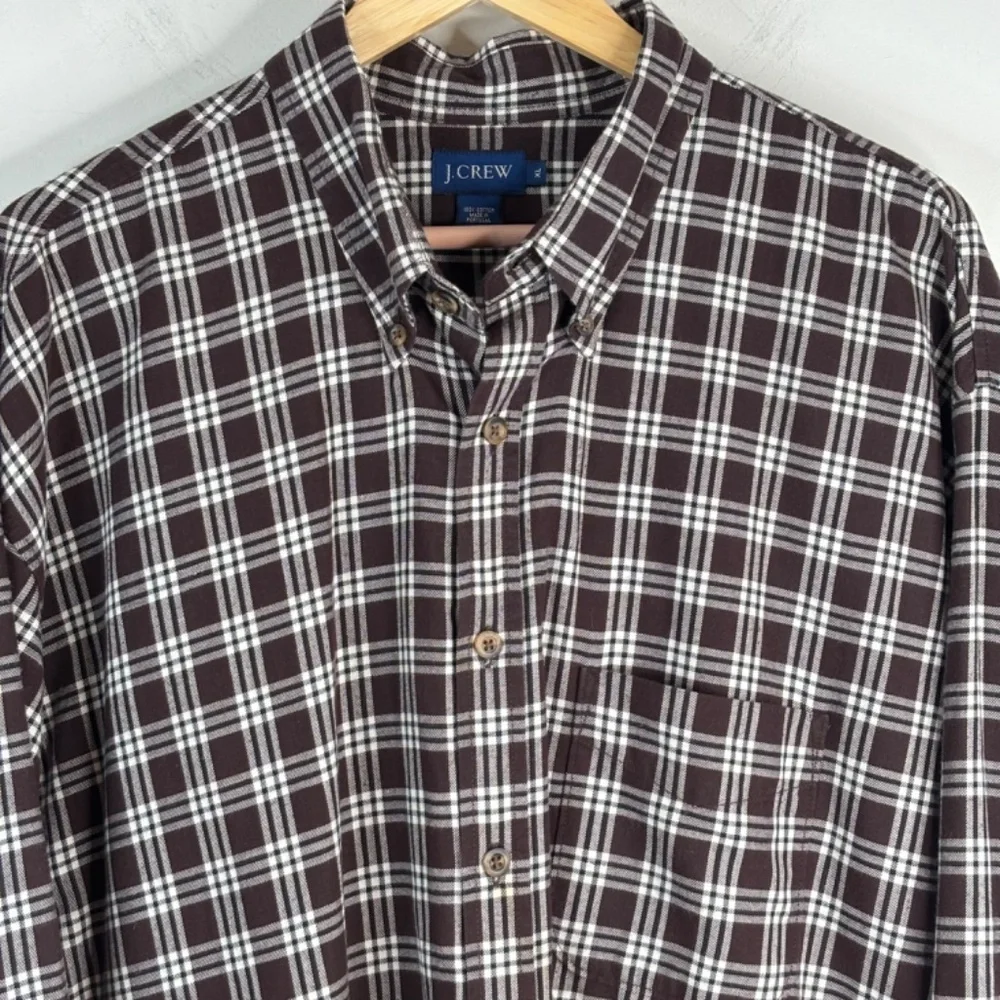 Vintage J Crew Plaid Shirt XL Cotton Made in Portugal Chocolate Brown Blue Label