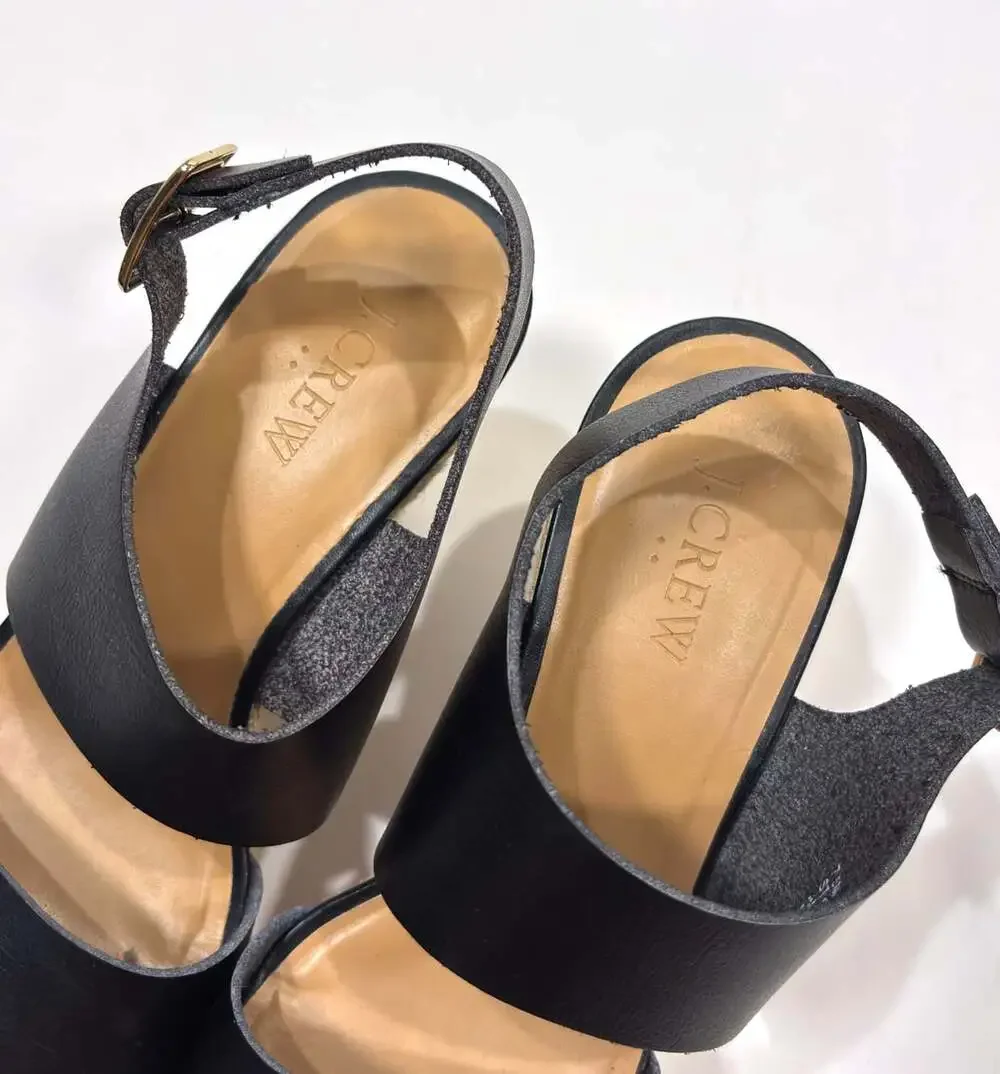 J.Crew Espadrille Wedge Sandals Black Vegan Leather - Size 7.5