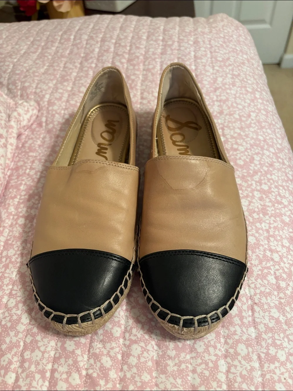 Sam Edelman Tan and Black Leather Espadrille Slip-Ons