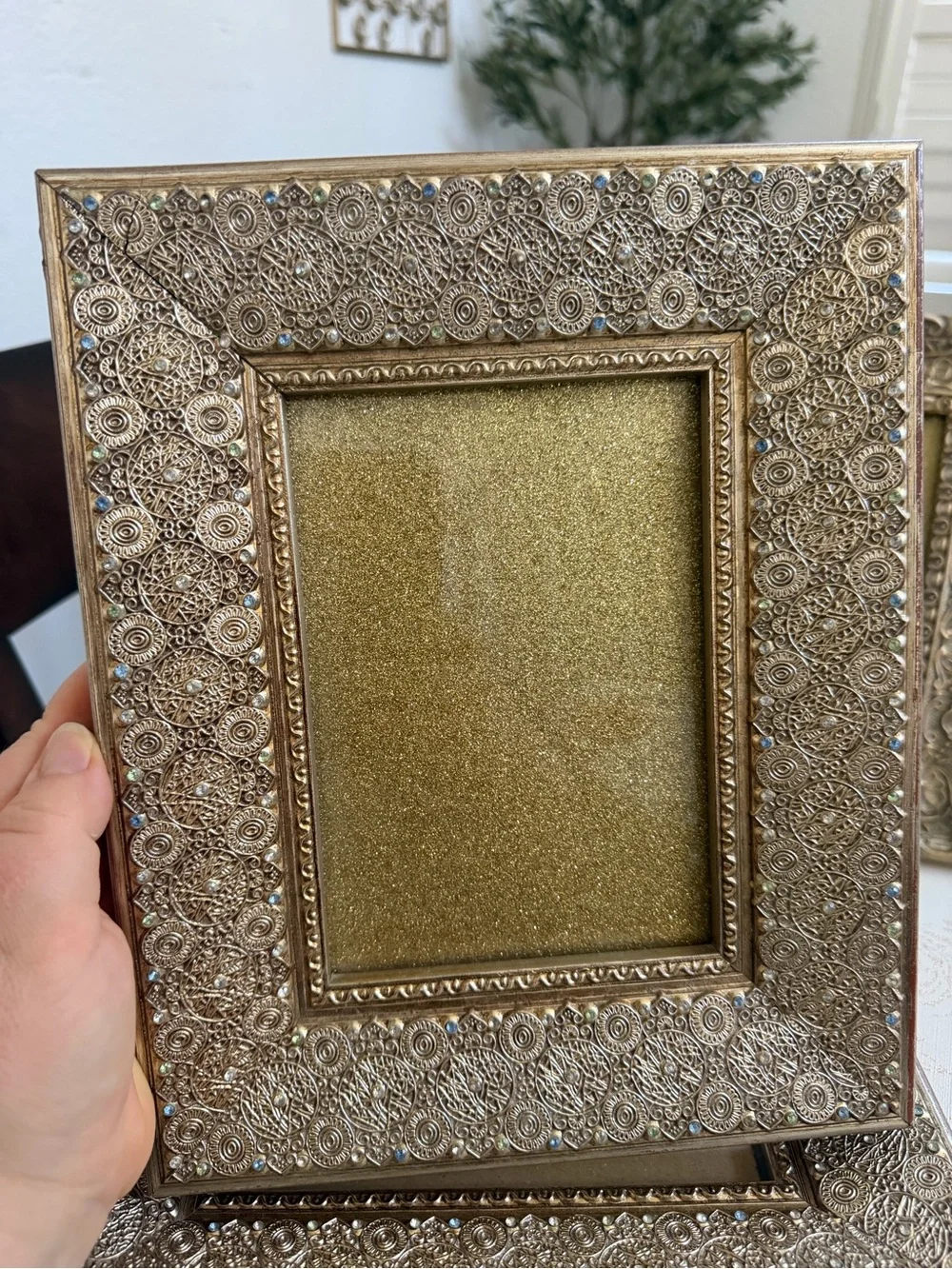 Set of 3 Vintage Style Gold Picture Frames – Embossed Filigree & Jeweled Rhinest