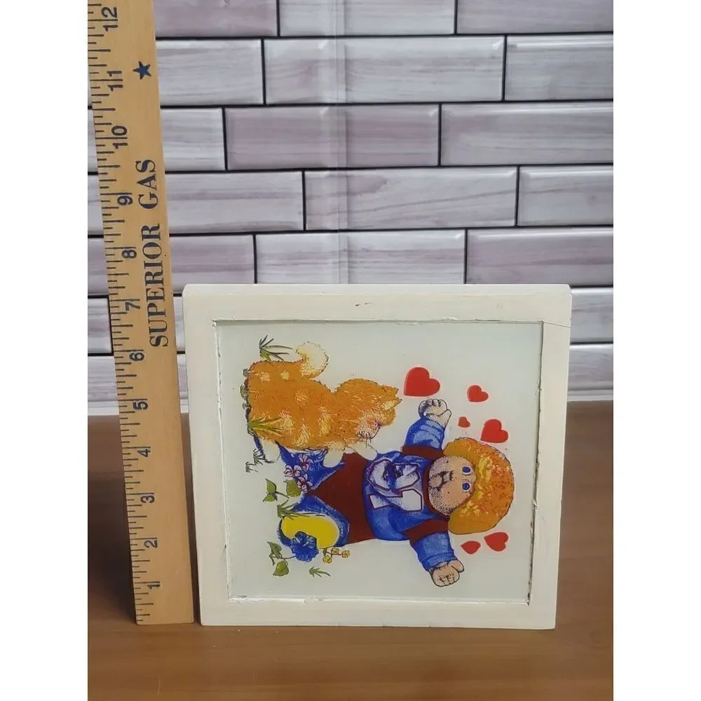 Vintage GLASS Cabbage Patch Doll Picture Cat & Hearts Rare