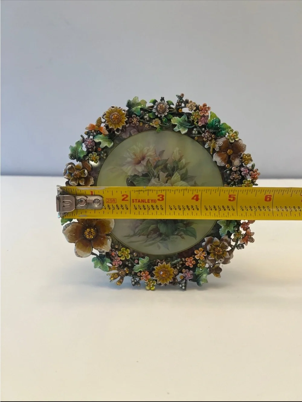 Vintage floral enamel garland picture frame with gemstone/crystals