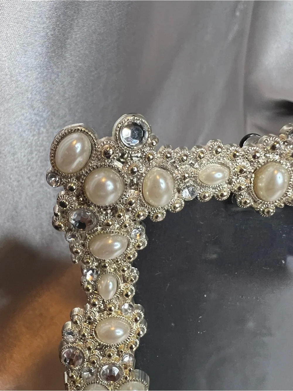 Vintage Baroque Pearl & Rhinestone Picture Frame • Ornate Silver Tabletop Decor