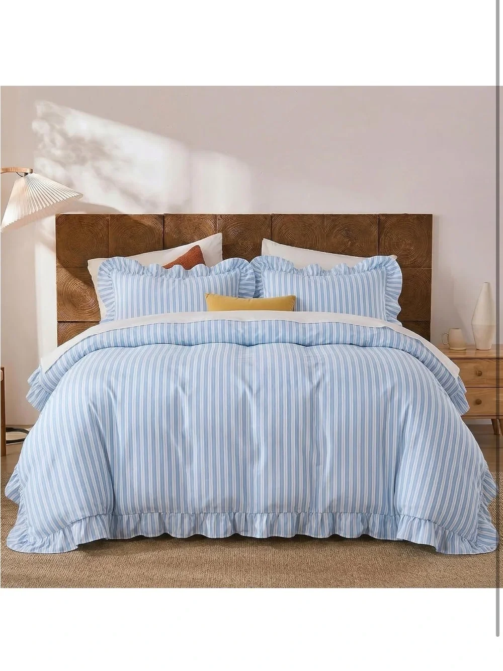 NEW Merryword 100% Cotton Blue/White Striped Duvet Cover Set King. Ruffle Trim