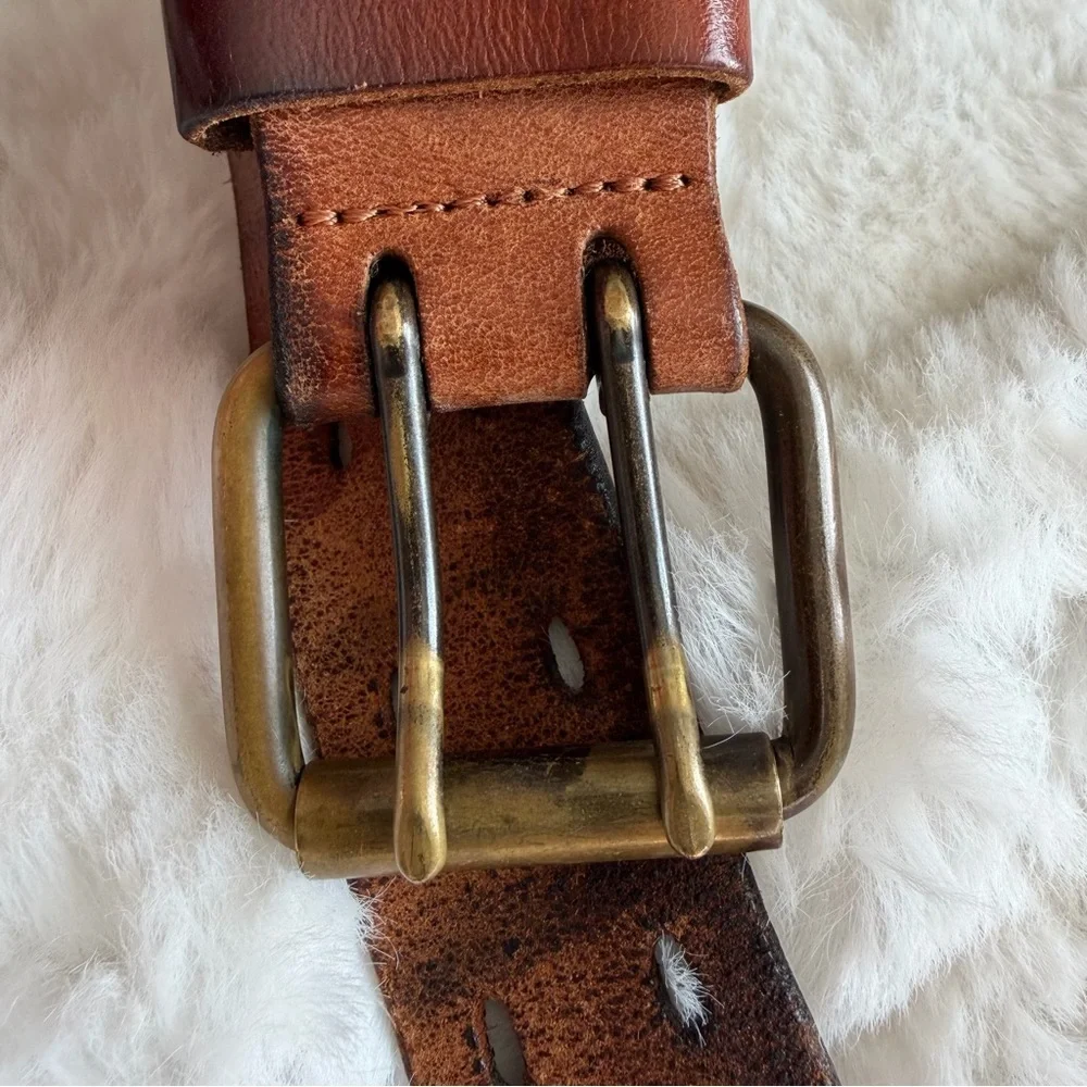 Vintage Distressed Leather Belt Solid Brass Double Prong Buckle Brown Size 34