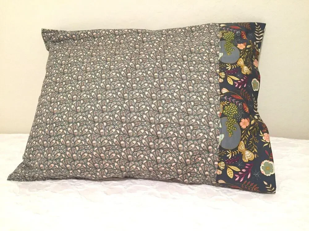 One Handmade Cotton Pillowcase: Abstract Design, Gray and Pink with Floral Band