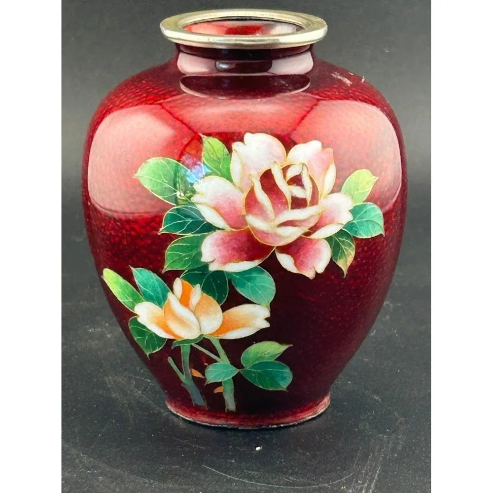 Japanese Vase Red Floral Pigeon Blood Red‎ Foil Bud Vase Asian Decor