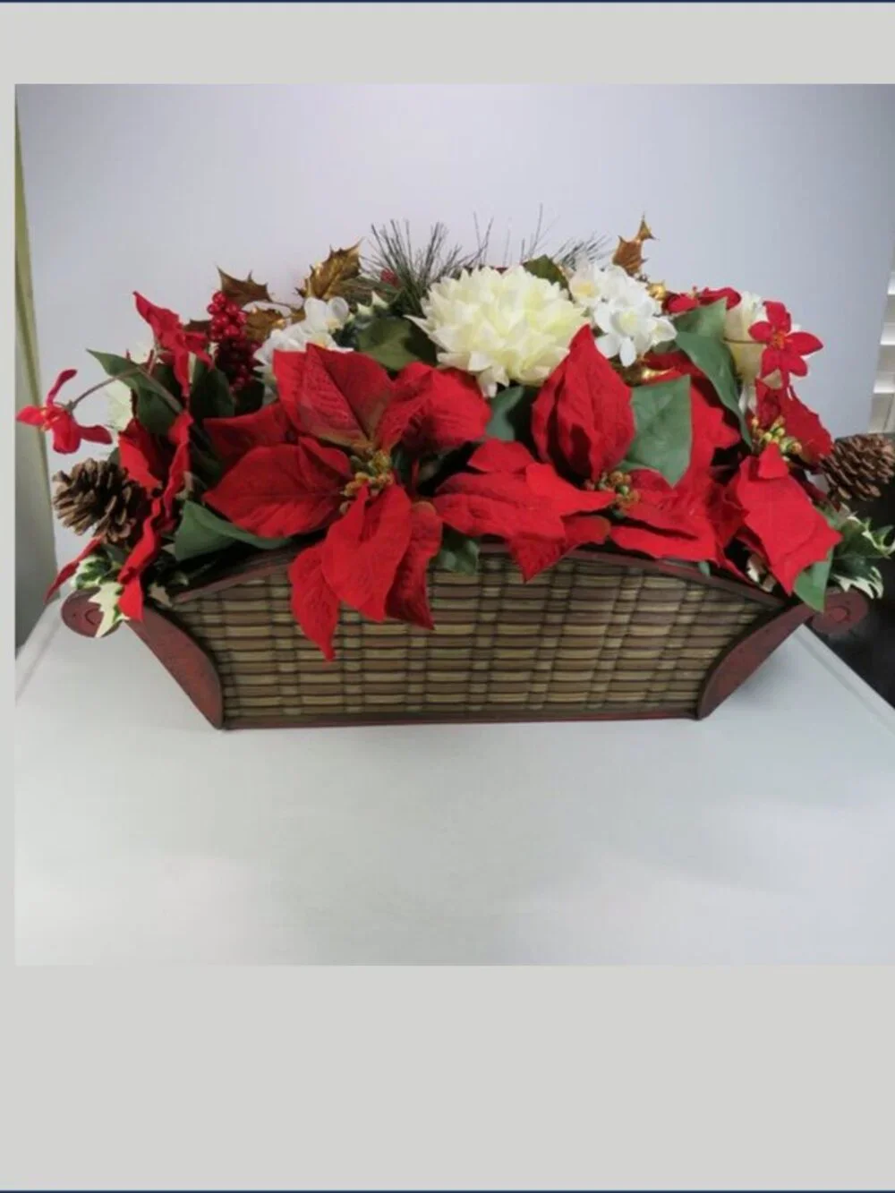 Poinsettia Christmas Floral Centerpiece Retro Wood Trough Planter Bowl MCM