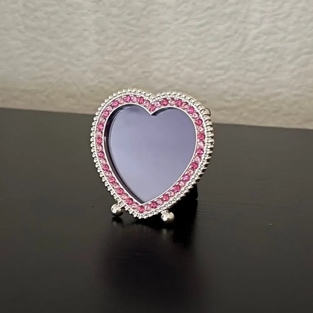 Glam Pink Rhinestone Heart Mini Photo Frame - Silver Metal Easel Stand 2x2
