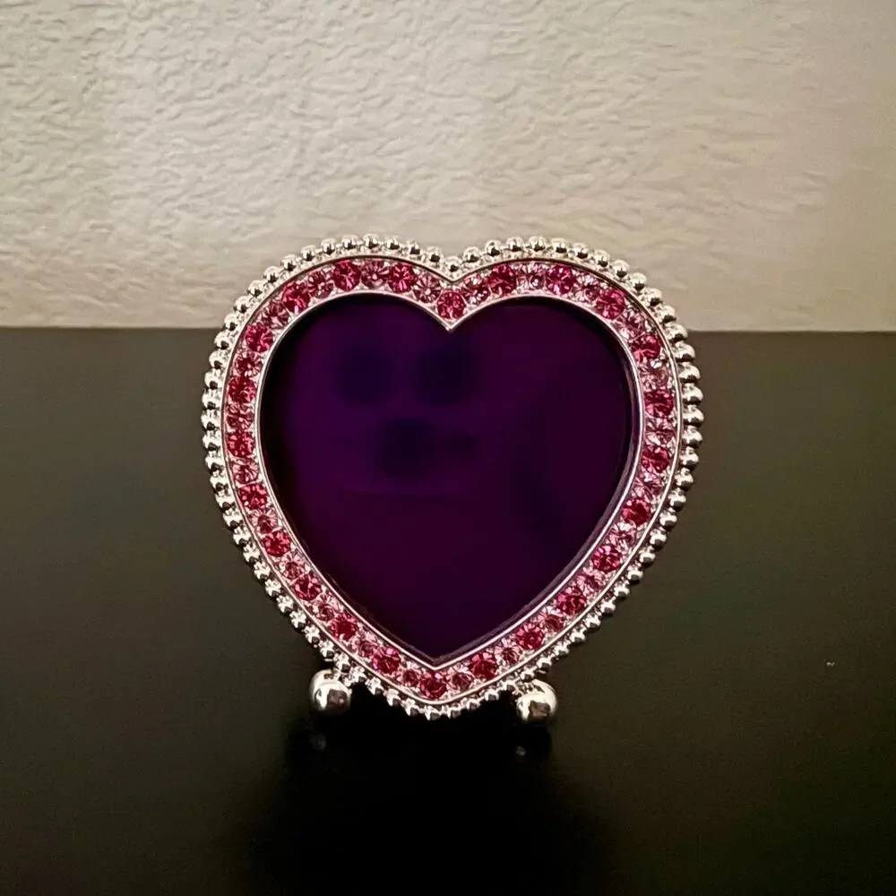 Glam Pink Rhinestone Heart Mini Photo Frame - Silver Metal Easel Stand 2x2