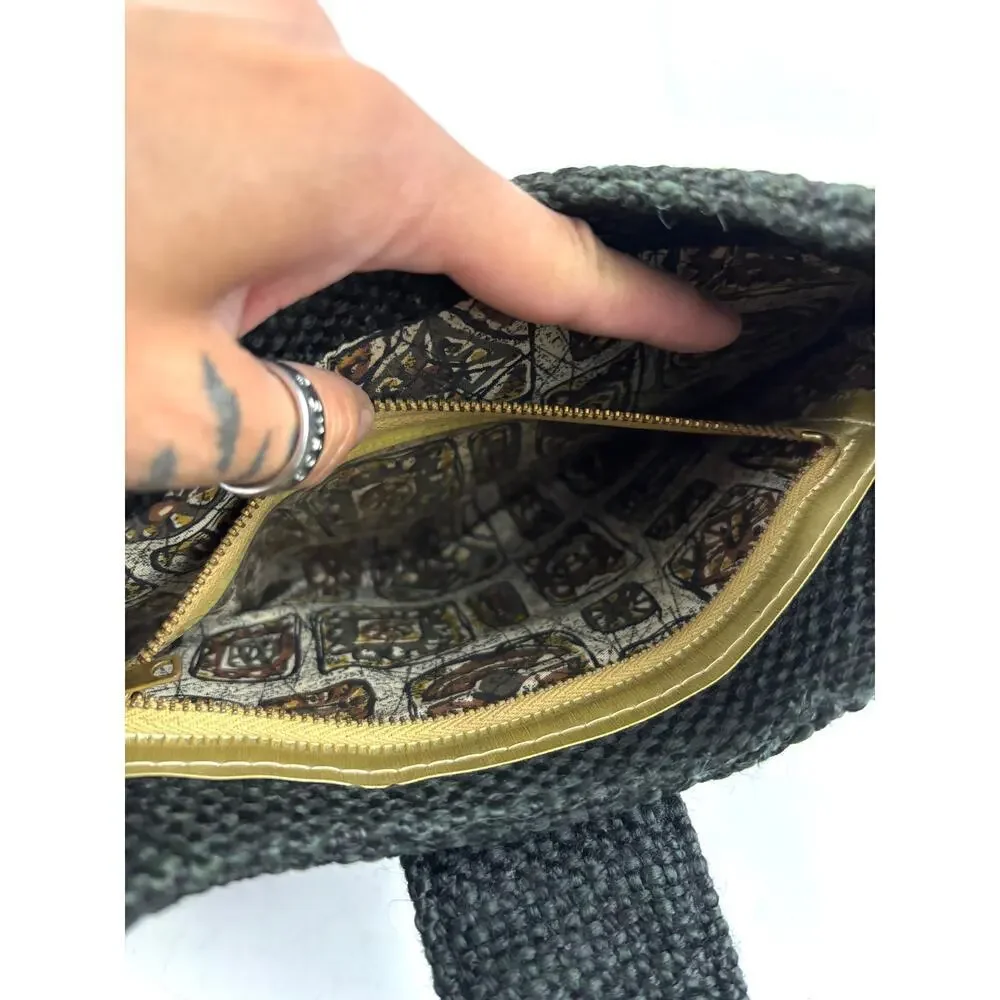 VTG 1970s Charcoal Black Tweed Hobo Bag Gold Hardware‎ Unique