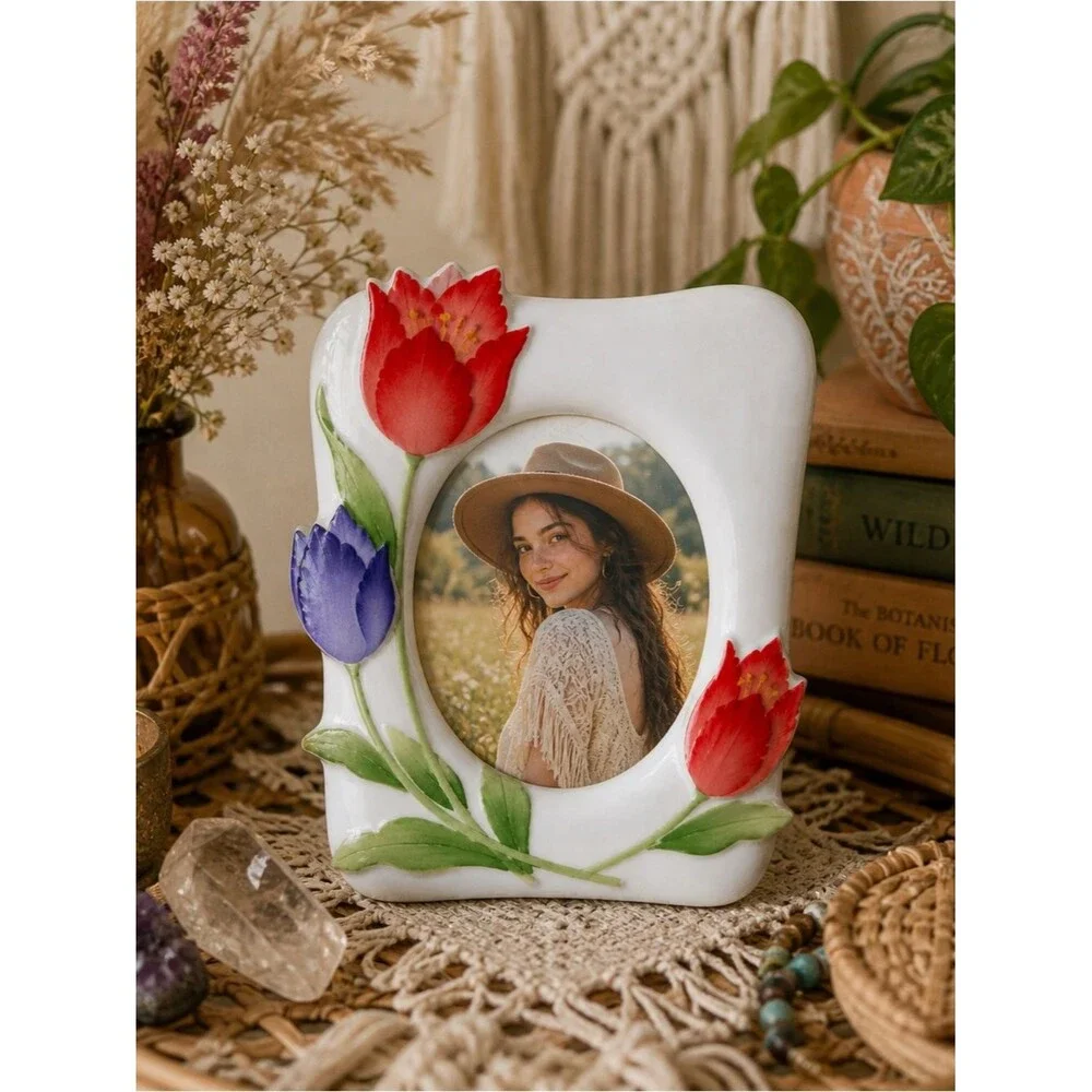 Vintage Japan Tulip Picture Frame Ceramic Floral Photo Frame Cottagecore Decor
