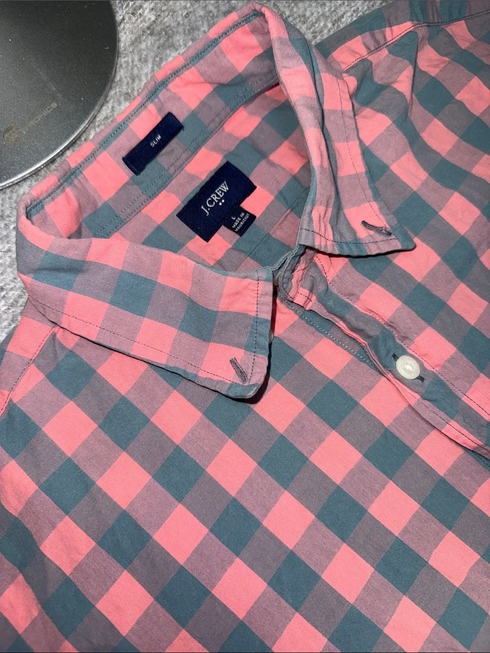 J. Crew Coral Pink and Gray Gingham Button-Down Shirt Slim Size L