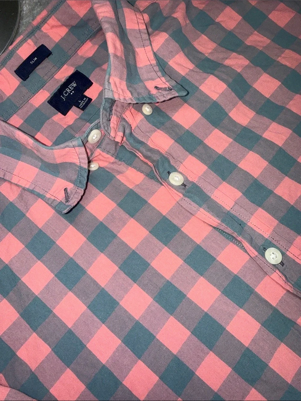J. Crew Coral Pink and Gray Gingham Button-Down Shirt Slim Size L