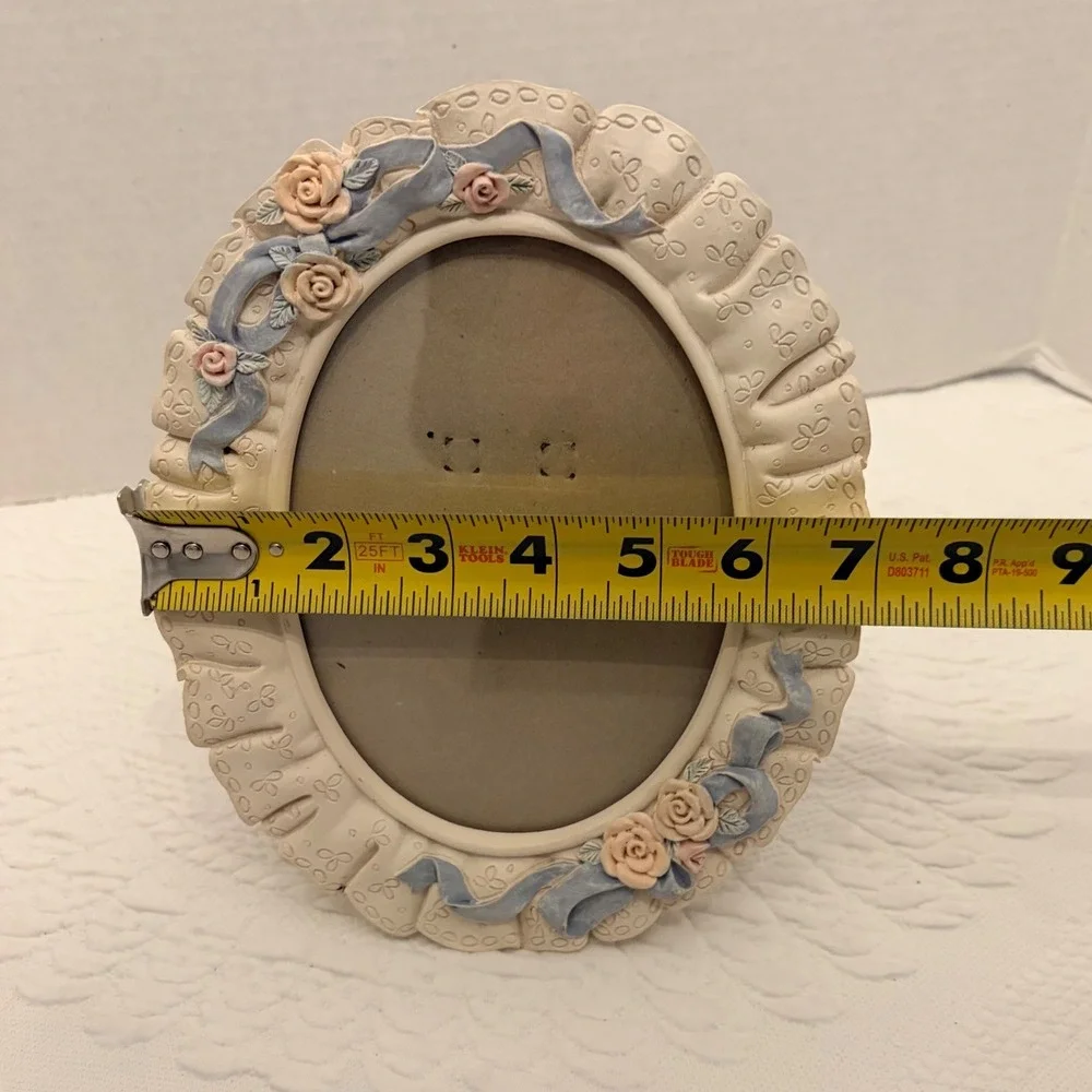 Vintage Oval Floral Picture Frame Cream Pink Roses Blue Ribbon Shabby Chic 5x7