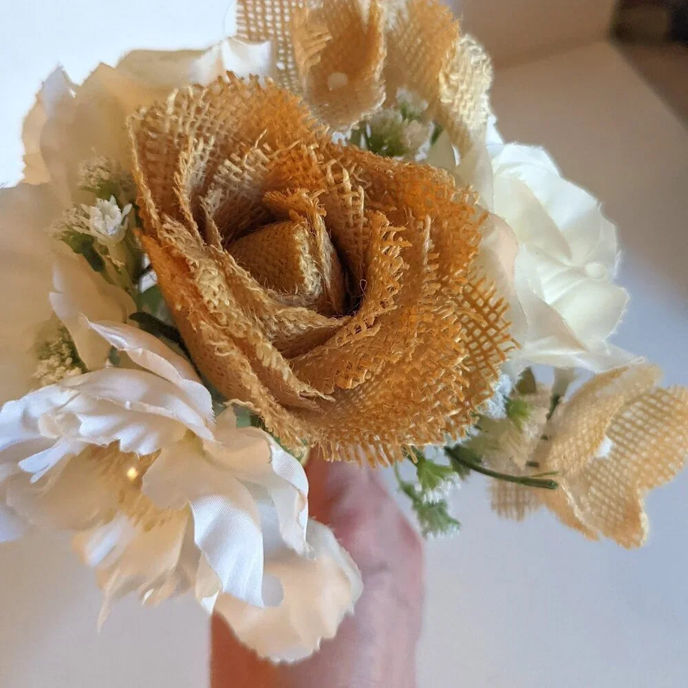 NWT Rustic Farmhouse Faux Floral Burlap Bouquet Mother's Day Gift Wedding Decor