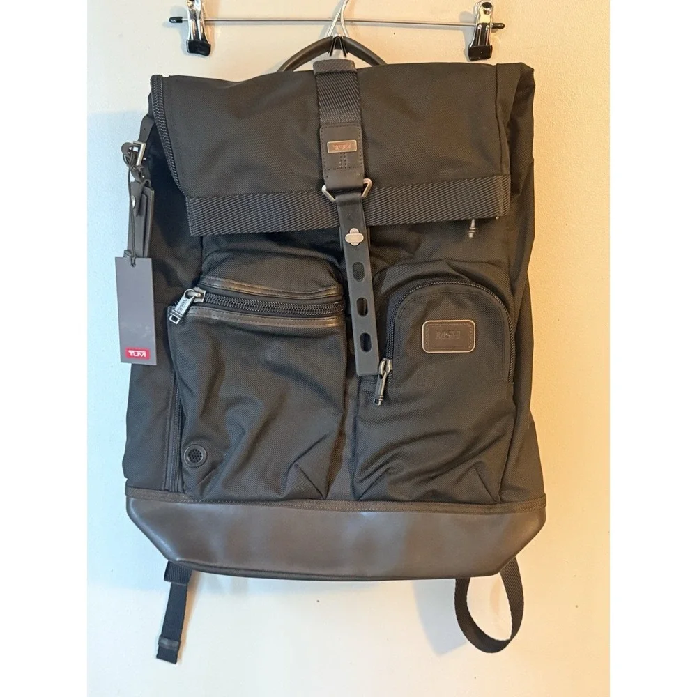Tumi Black Nylon Backpack with Brown Leather Base and Trim