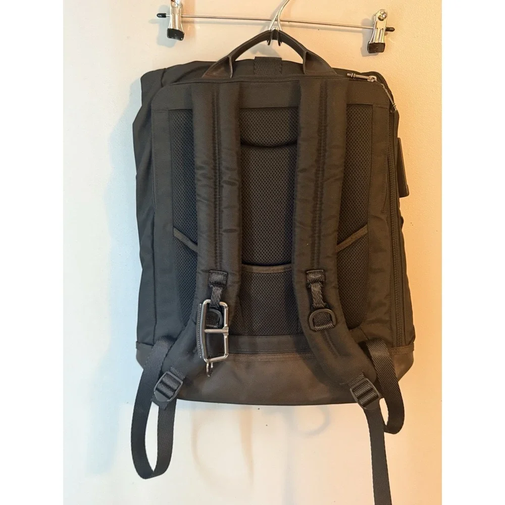 Tumi Black Nylon Backpack with Brown Leather Base and Trim