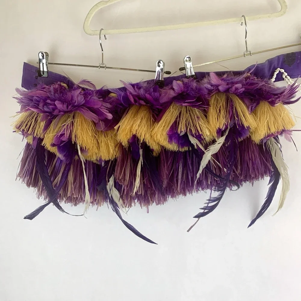 Vintage Hula Grass Skirt Hawaiian Polynesian Tiki Costume Feathers Handmade FLAW