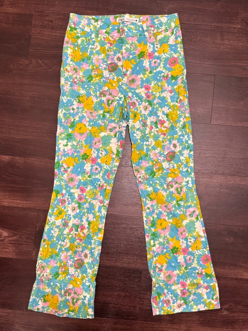 Zara Women’s Floral Linen Blend Mini Flare Cropped Trouser Pants