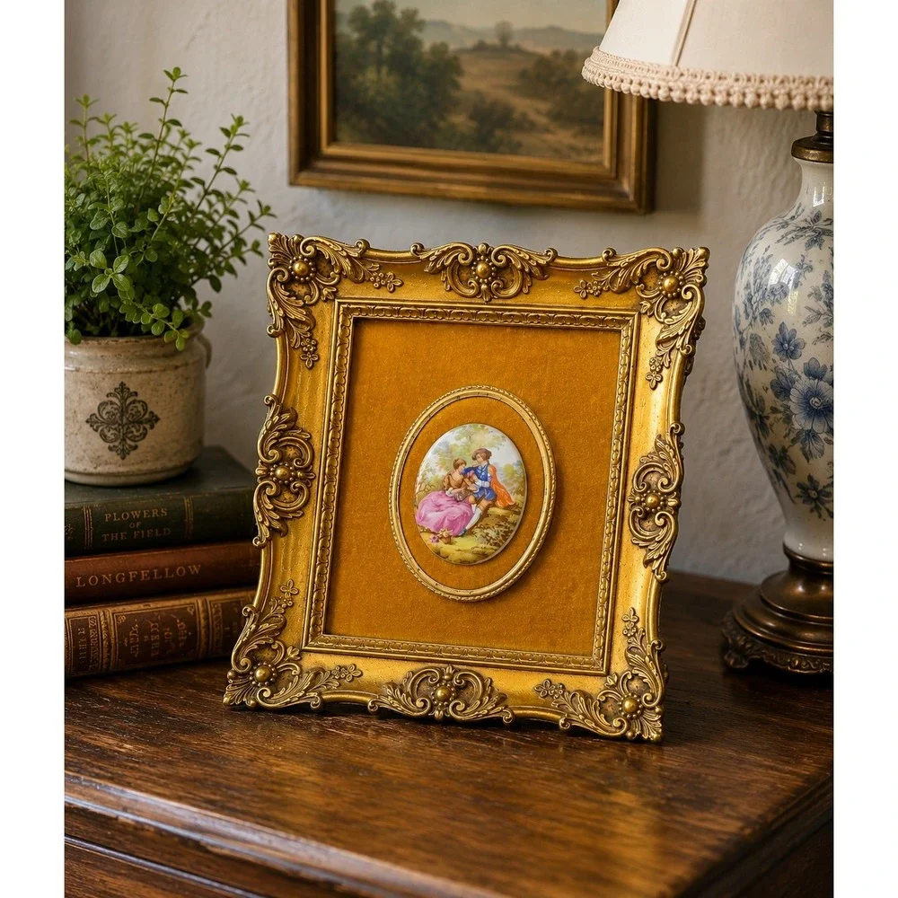 Vtg French FRAGONARD Porcelain Cameo Framed ORNATE Velvet Hollywood Regency