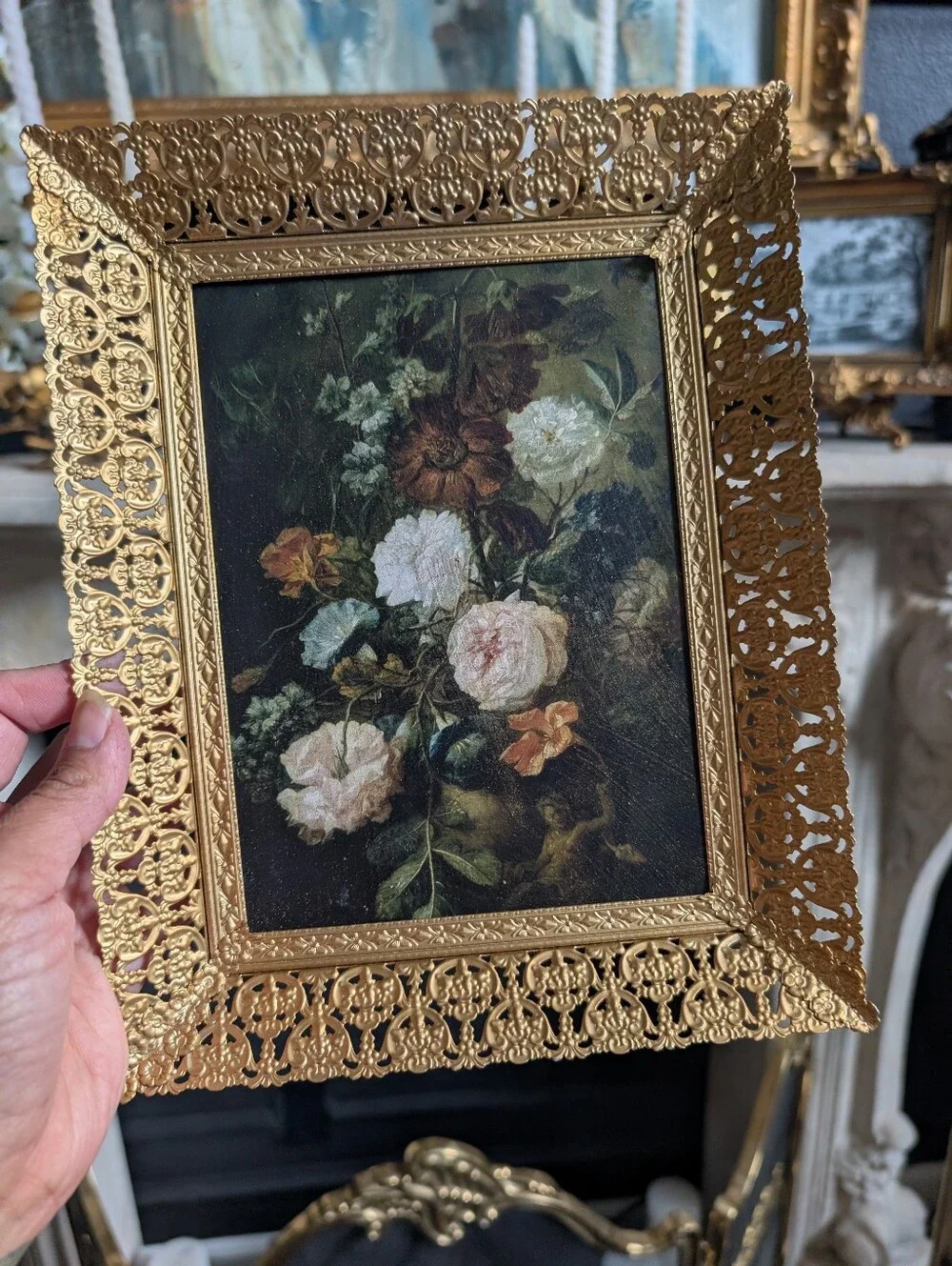 Vintage gold ornate filigree metal frame w/ vtg style Moody still floral print