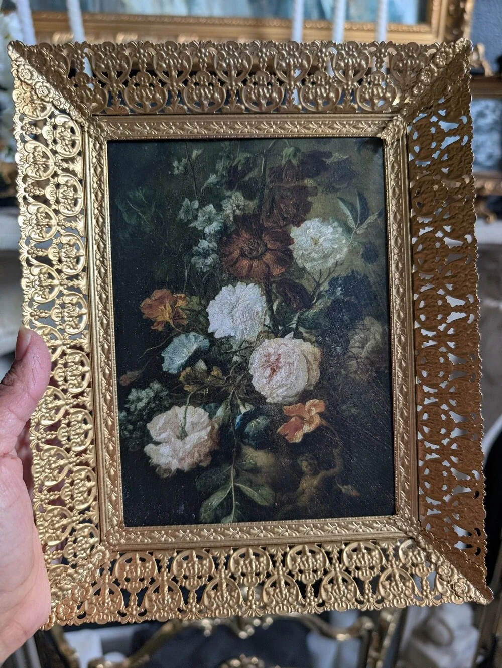Vintage gold ornate filigree metal frame w/ vtg style Moody still floral print