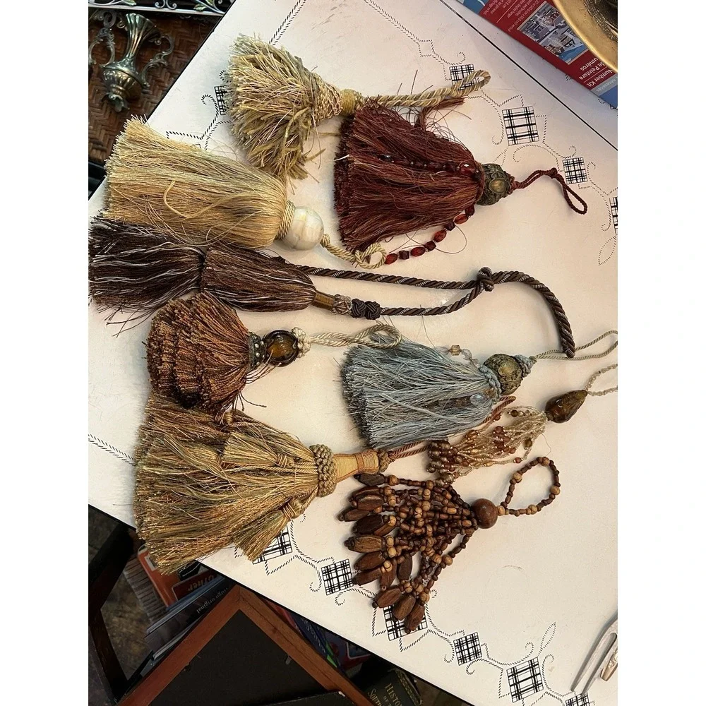 Lot Of 9 Decorative Tassels Attached Looped Cords 7 Lg. 1 All Beads 1 Wood Beads