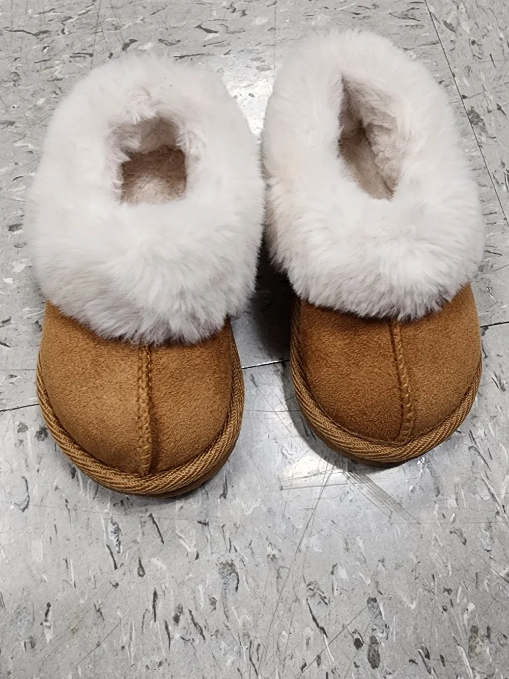 Kids Faux-Shearling Slip-On Slippers - Tan with White Fur Cuff