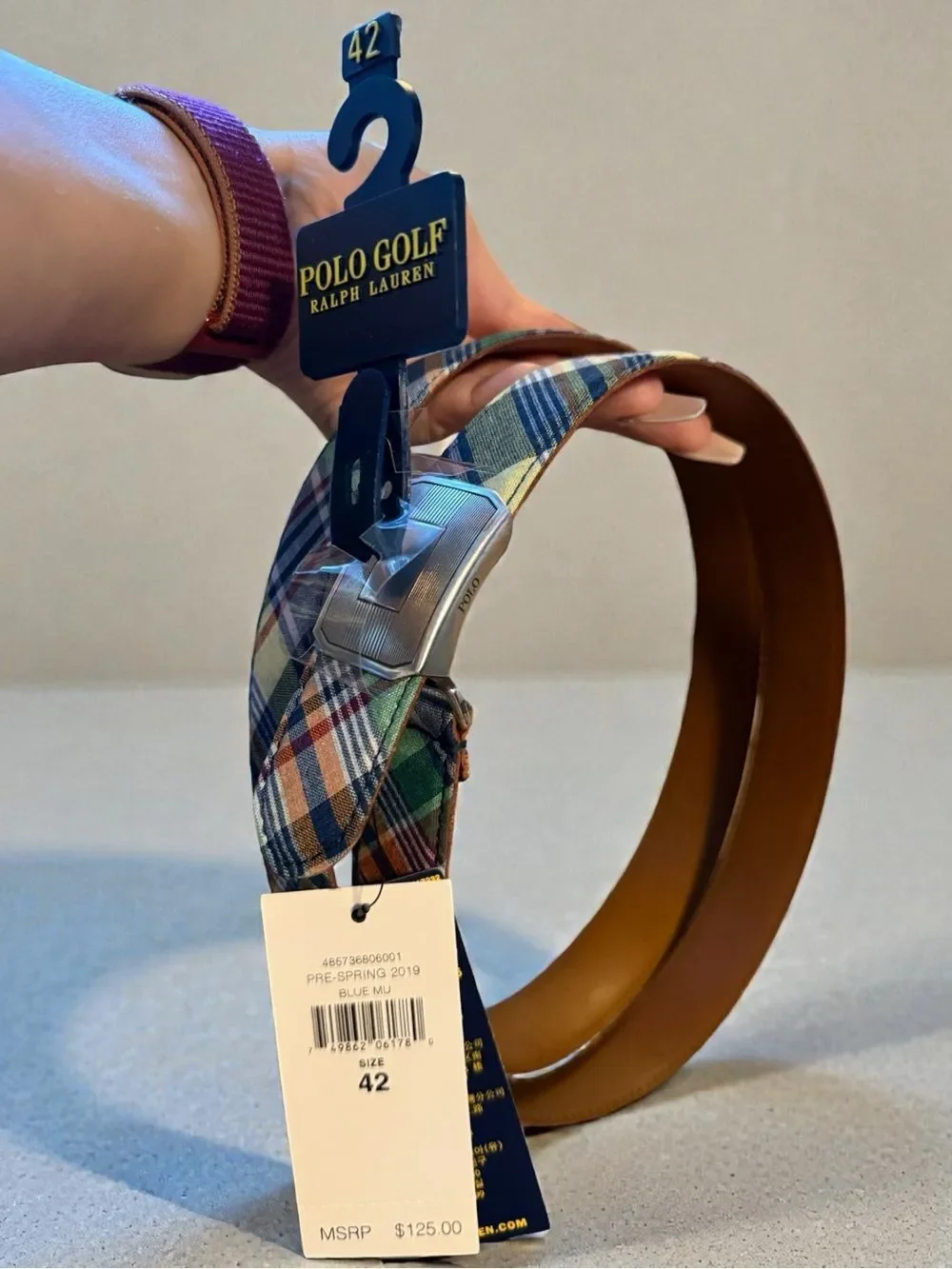 Polo Golf Ralph Lauren Men's Plaid Golf Belt Size 42 NWT Multicolor Leather