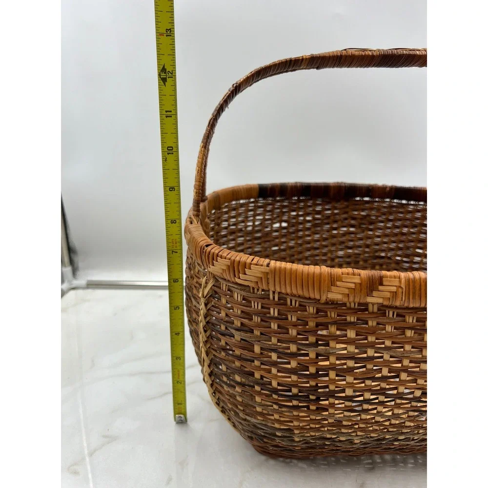 Vintage Handwoven Wicker Basket Rectangular Brown Tan Storage Decor with Handle