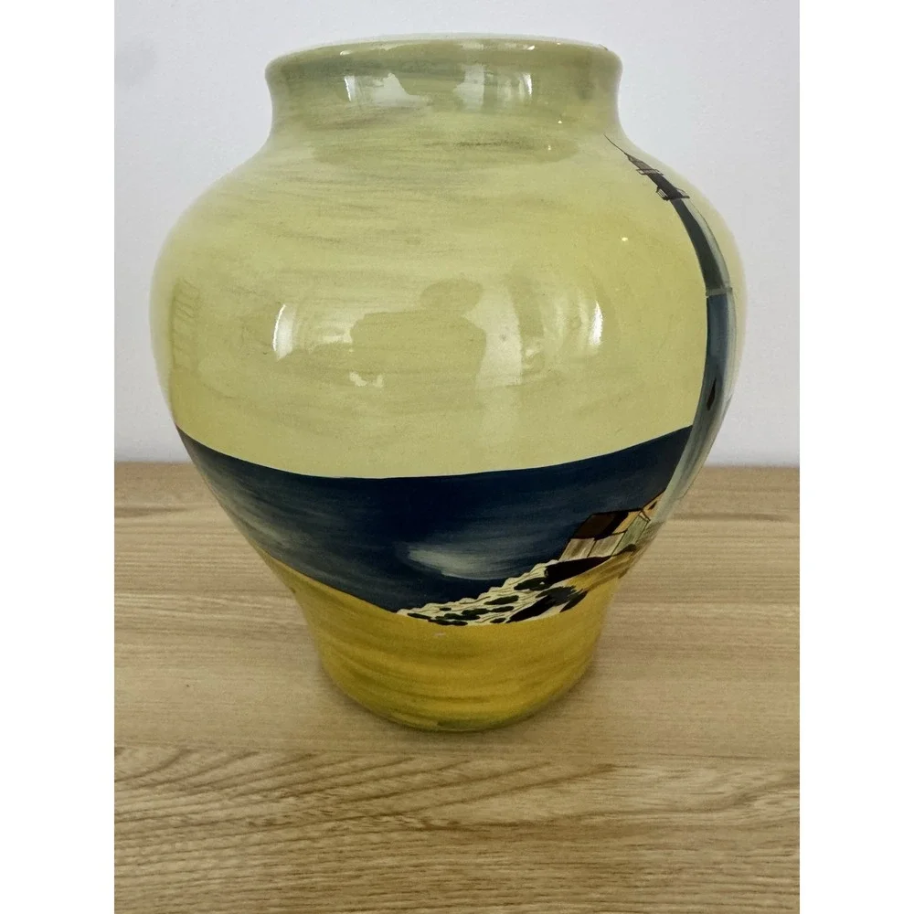 Hand Painted Lighthouse Ceramic Vase Coastal Nautical Seascape Large Yellow Blue