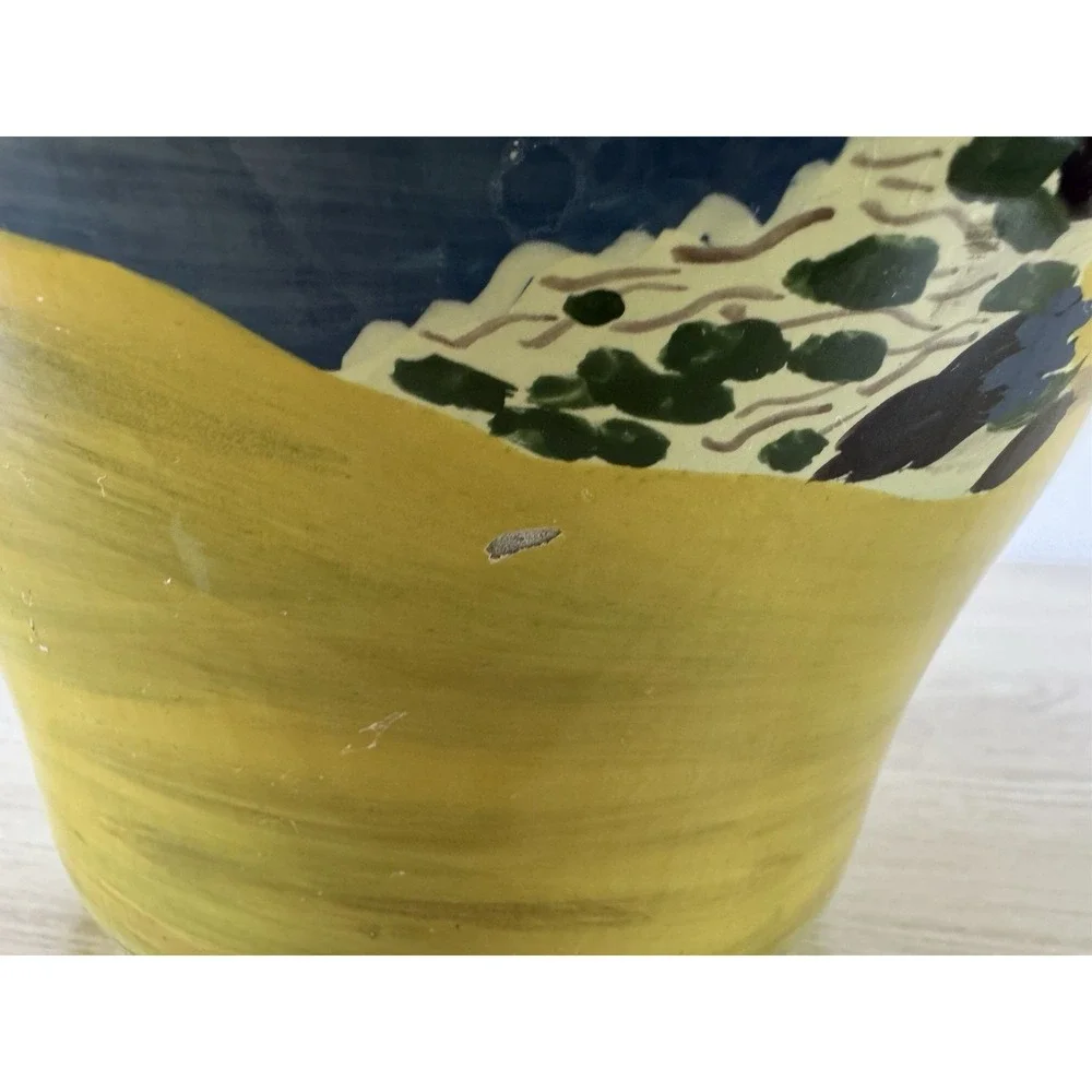 Hand Painted Lighthouse Ceramic Vase Coastal Nautical Seascape Large Yellow Blue