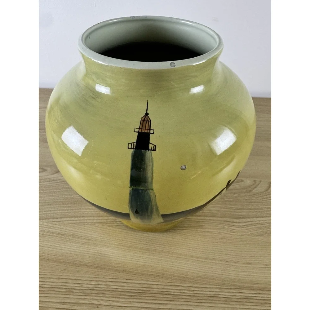 Hand Painted Lighthouse Ceramic Vase Coastal Nautical Seascape Large Yellow Blue