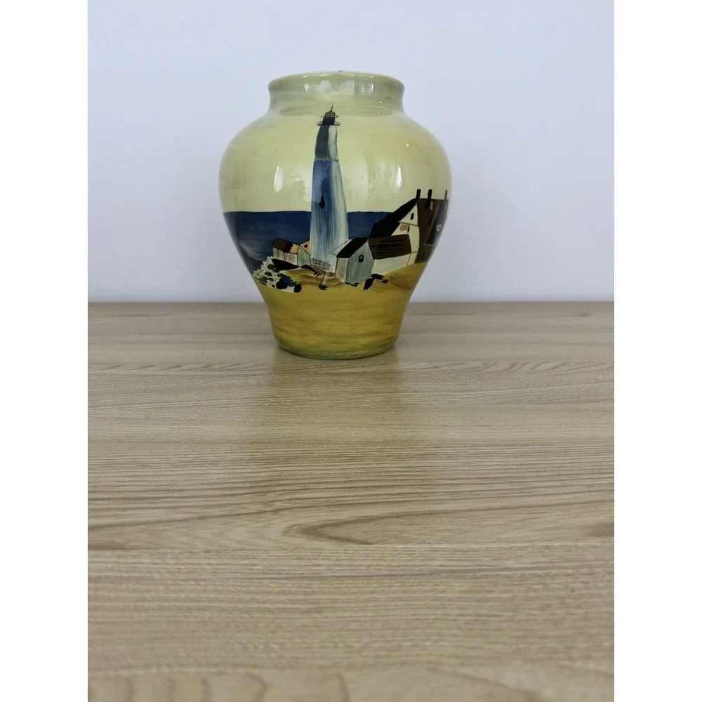 Hand Painted Lighthouse Ceramic Vase Coastal Nautical Seascape Large Yellow Blue
