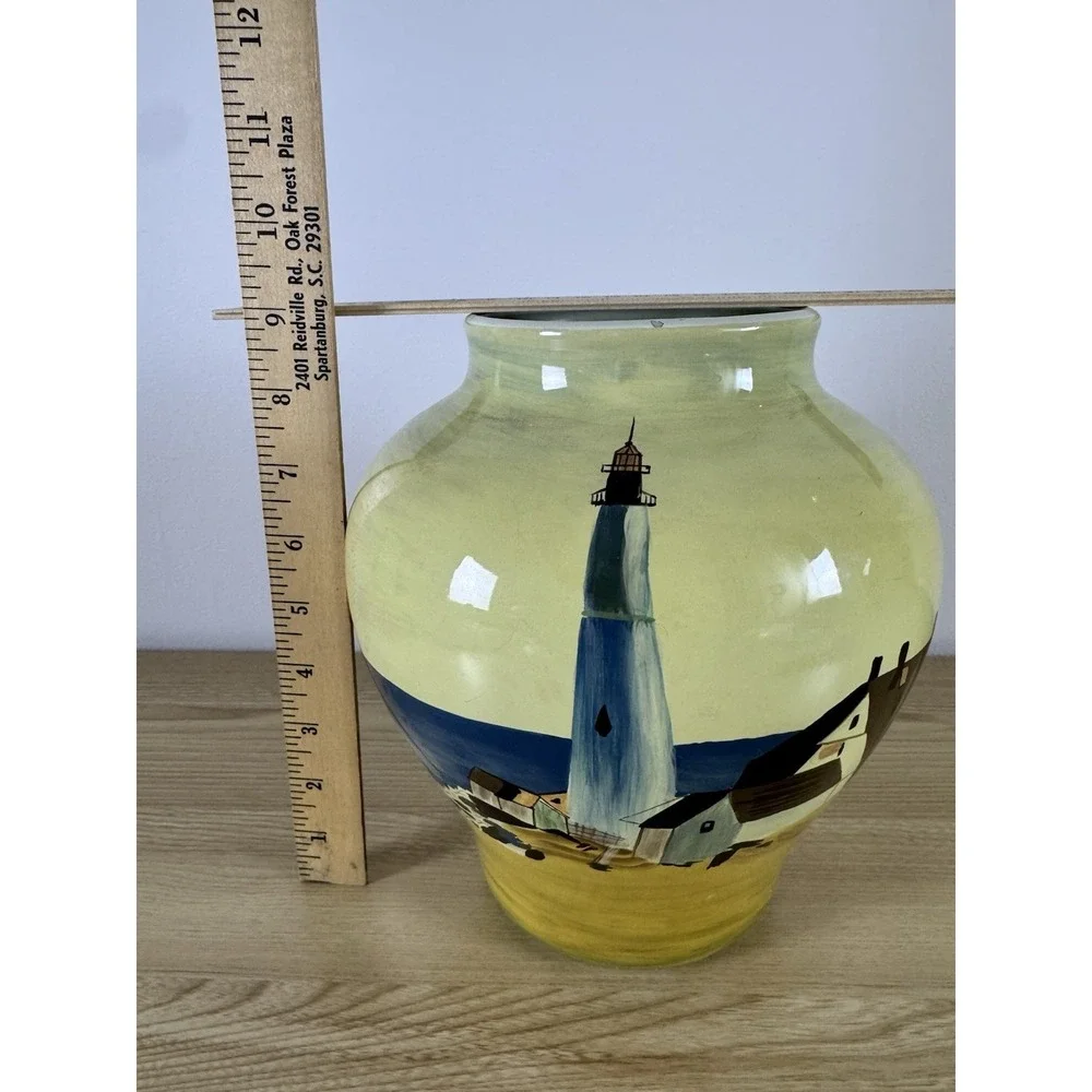 Hand Painted Lighthouse Ceramic Vase Coastal Nautical Seascape Large Yellow Blue
