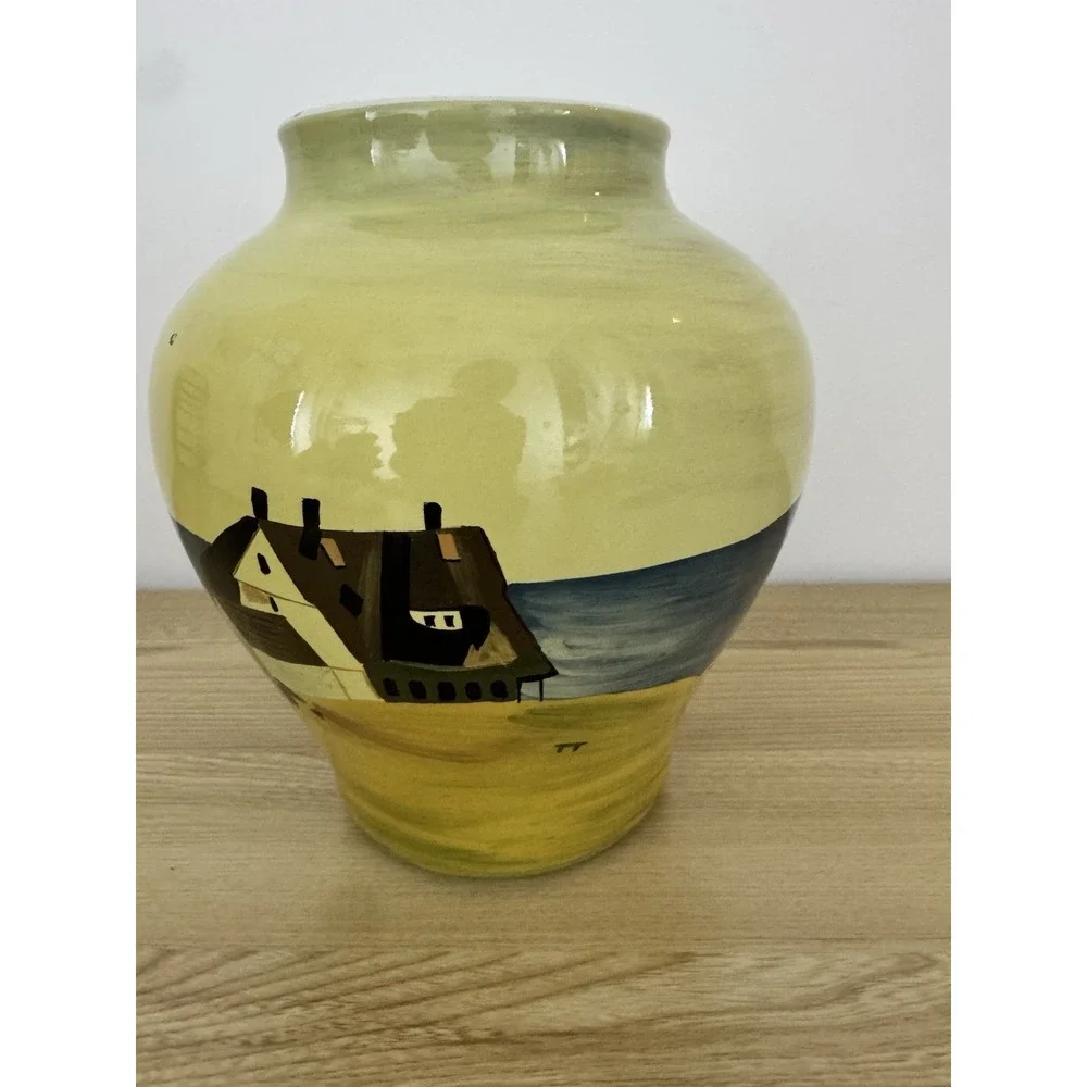 Hand Painted Lighthouse Ceramic Vase Coastal Nautical Seascape Large Yellow Blue