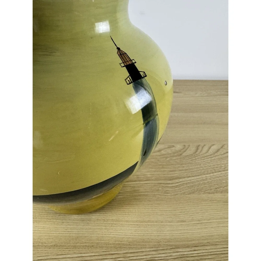 Hand Painted Lighthouse Ceramic Vase Coastal Nautical Seascape Large Yellow Blue