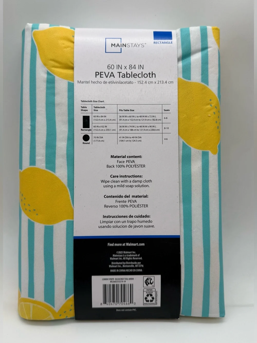 Mainstays Aqua Stripe Tablecloth with Yellow Lemon Motif