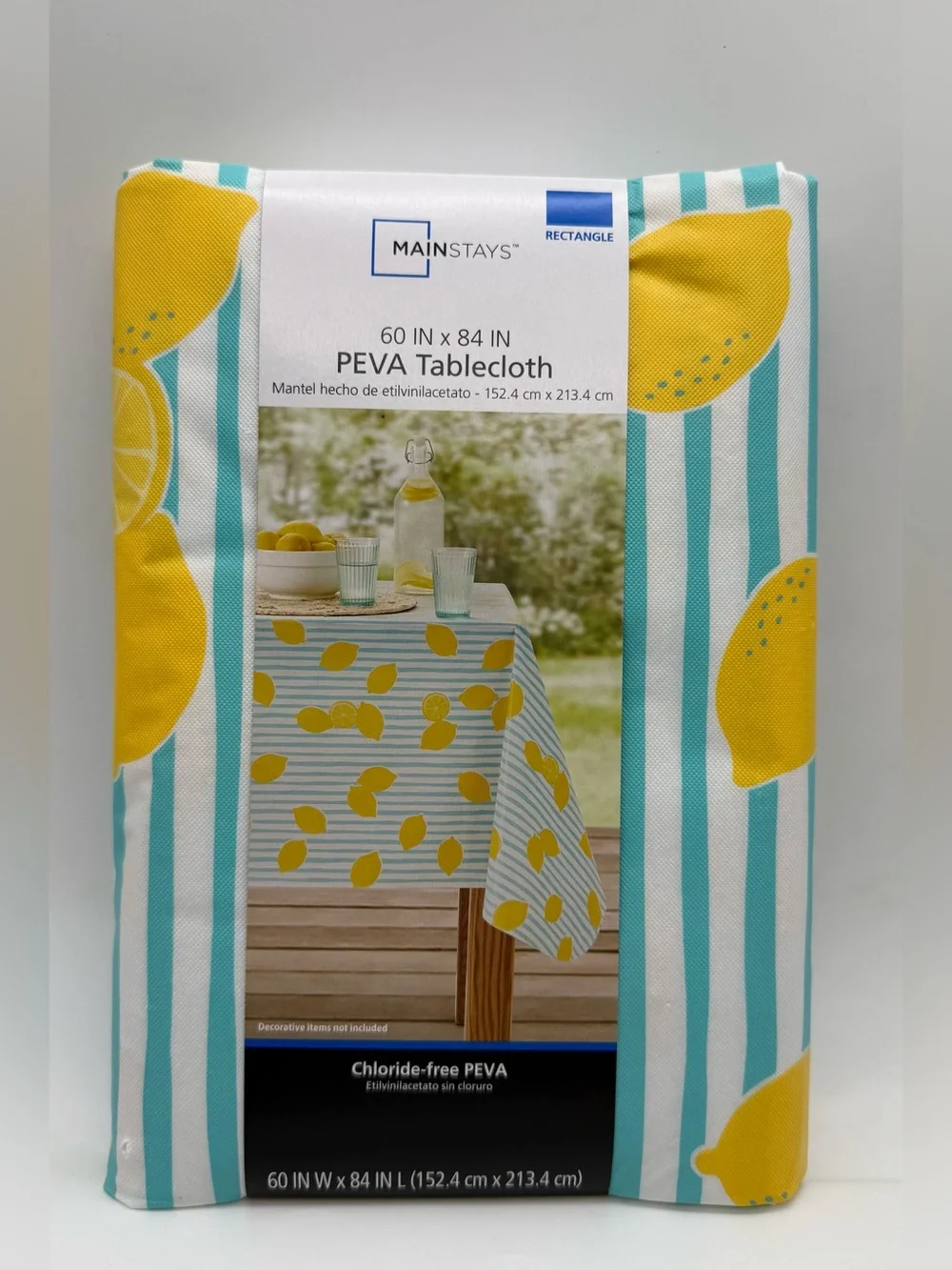 Mainstays Aqua Stripe Tablecloth with Yellow Lemon Motif
