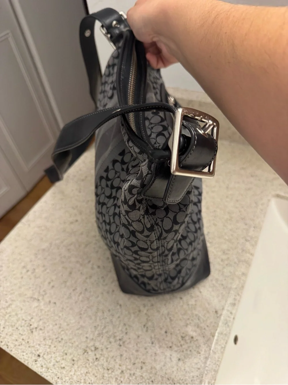 Coach Black and Gray Signature Canvas Hobo Bag