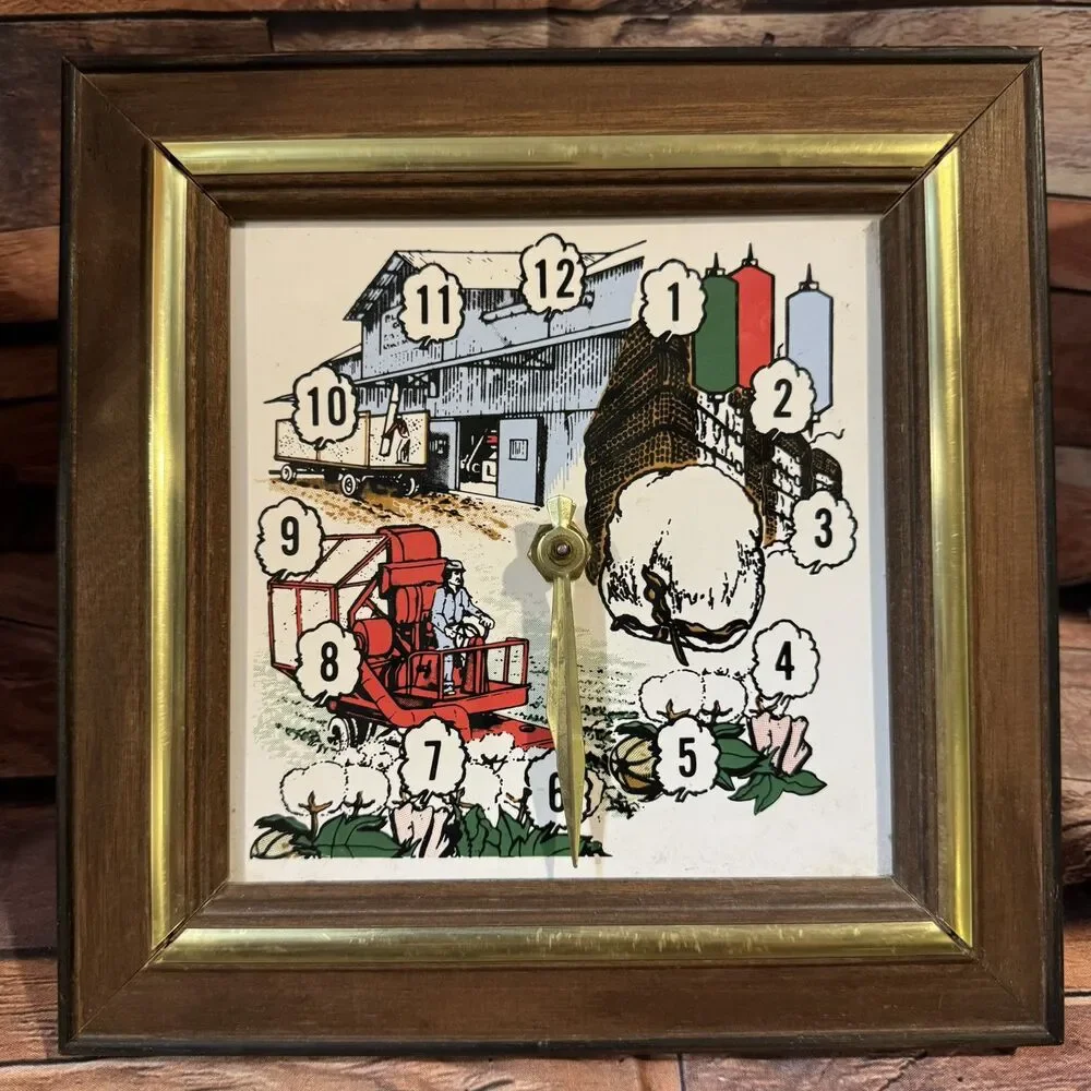 Vintage Cotton Harvest Wall Clock Farmhouse Decor Square Wood Framed Electric