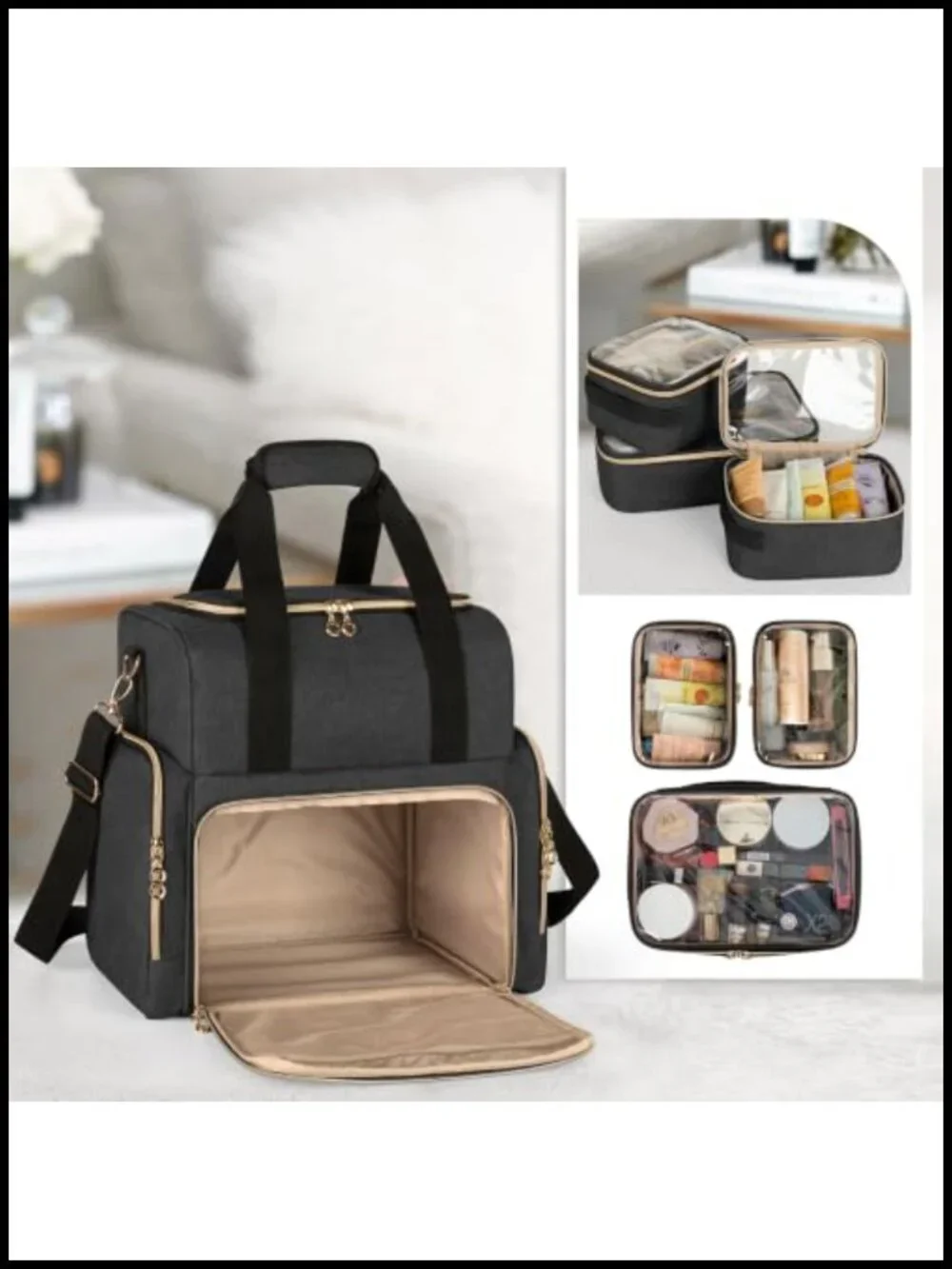 Large Travel Makeup Bag with 3 Removable Cases, Detachable Dividers, Nylon